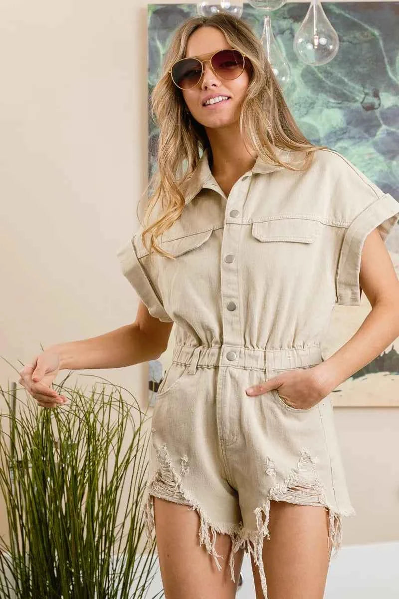 BiBi Distressed Detail Washed Elastic Waistband Romper