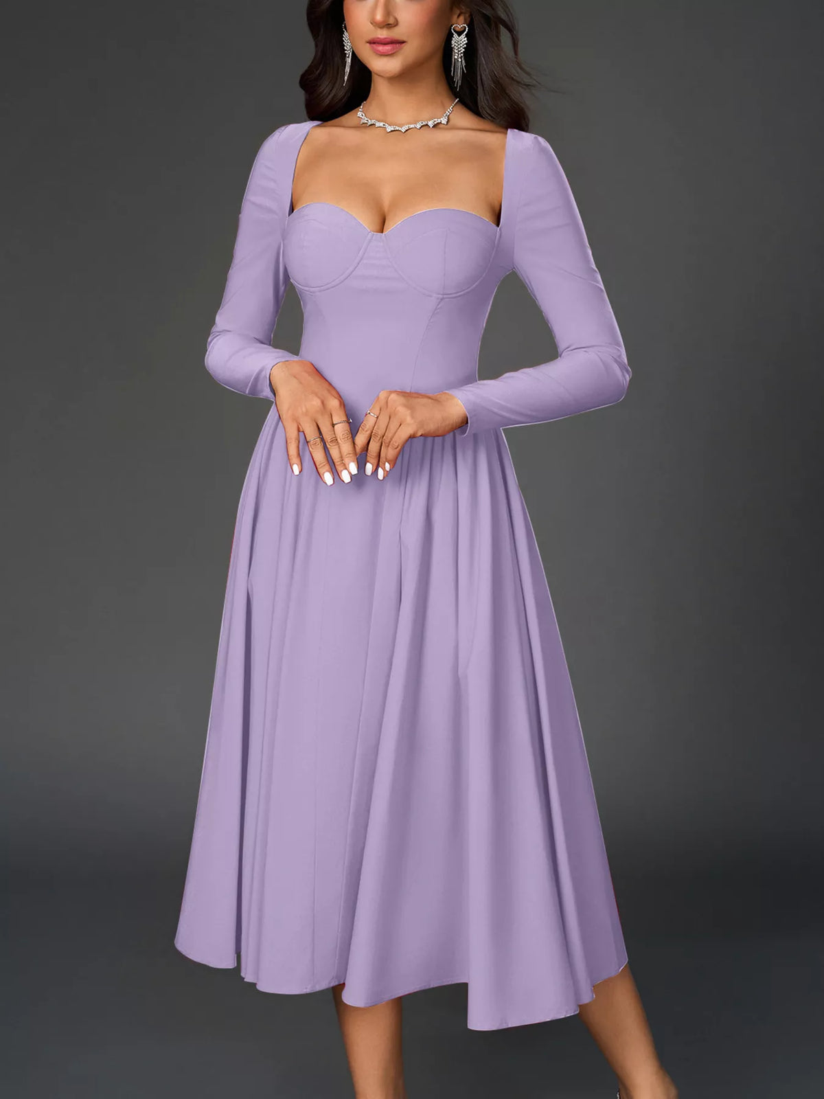 Sweetheart Neckline Long Sleeve A-Line Midi Dress – photo 19