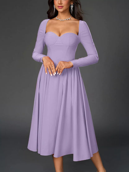 Sweetheart Neckline Long Sleeve A-Line Midi Dress – photo 19