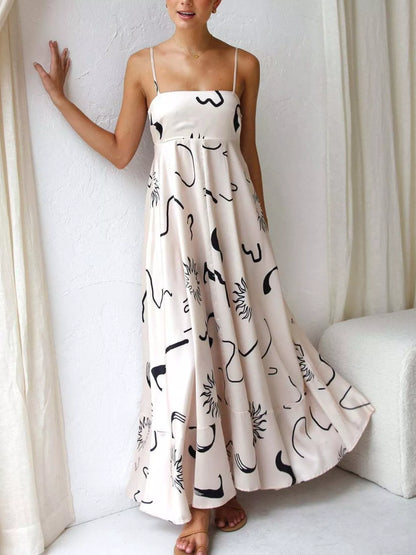 Printed Spaghetti Strap Maxi Dress in Ivory