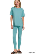 Brushed Microfiber Short Sleeve Top and Pants Lounge Set in Dusty Teal
