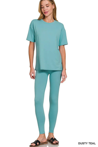 Brushed Microfiber Short Sleeve Top and Pants Lounge Set in Dusty Teal