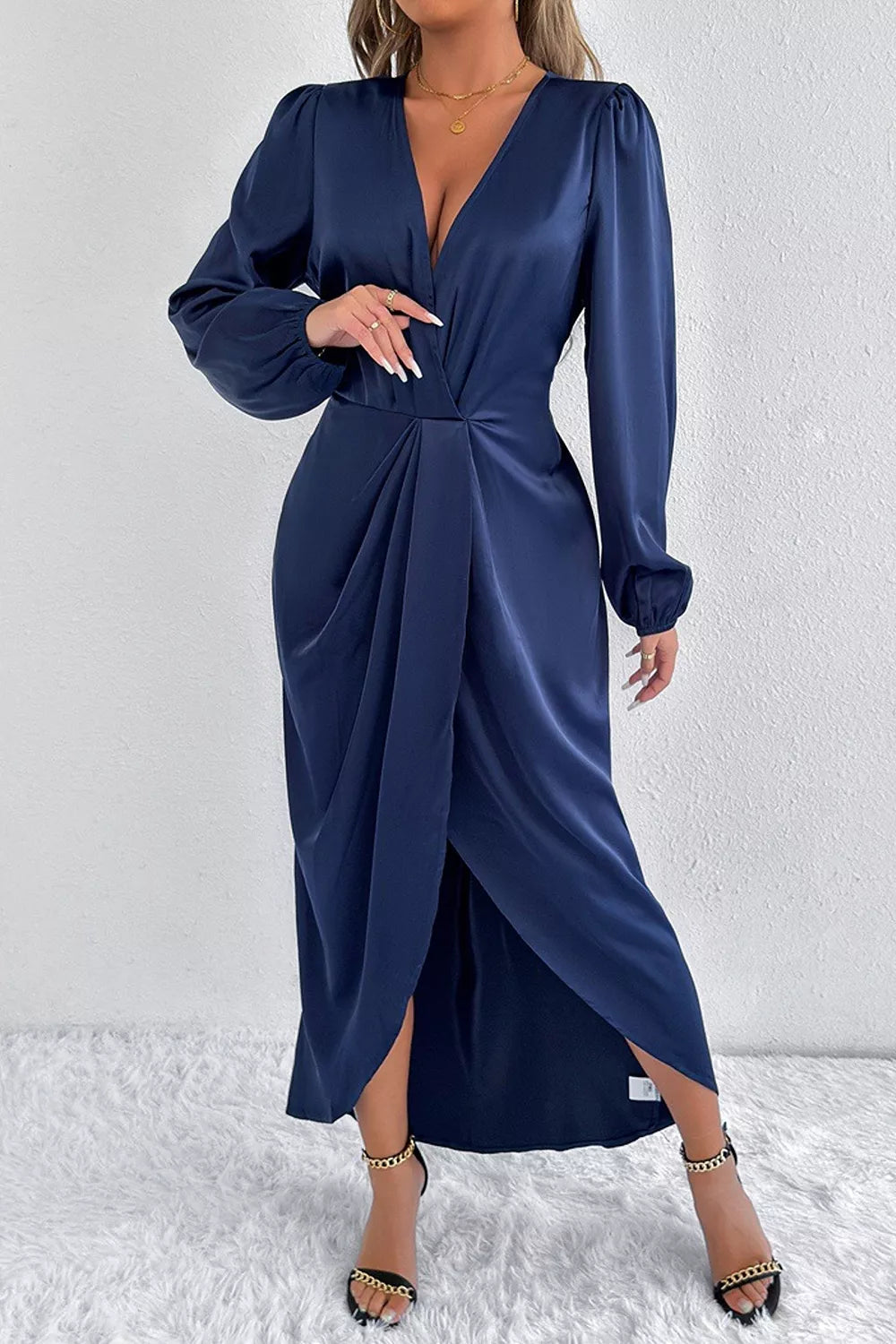 Satin Balloon Sleeve Midi Dress with Slit – photo 6