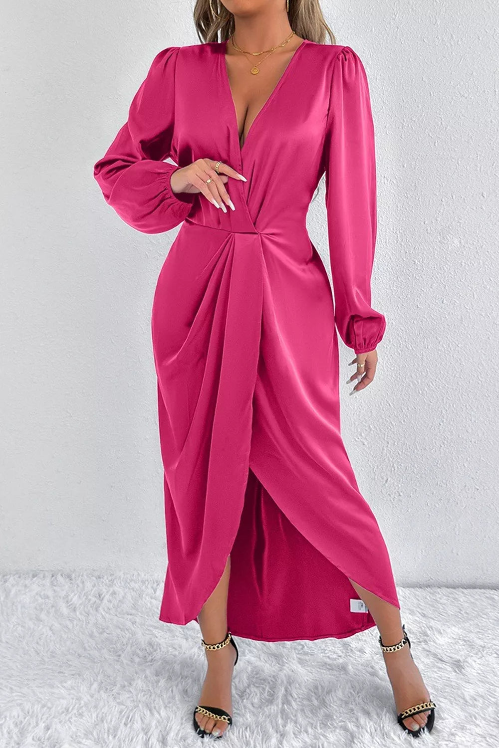 Satin Balloon Sleeve Midi Dress with Slit – photo 11