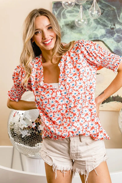 Chic V-Neck Top with Floral Jacquard and Puff Sleeves — Livostyle