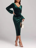 Velvet Long Sleeve Ruched Slit Midi Dress in Green