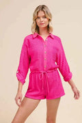 Fuchsia textured knit button-front romper