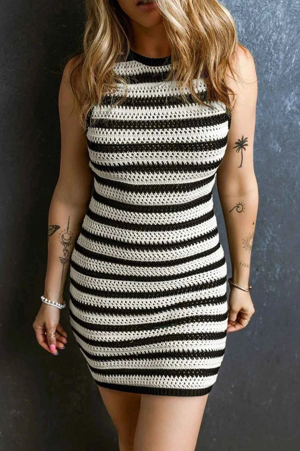 Stripe Hollowed Knit Sleeveless Sweater Dress