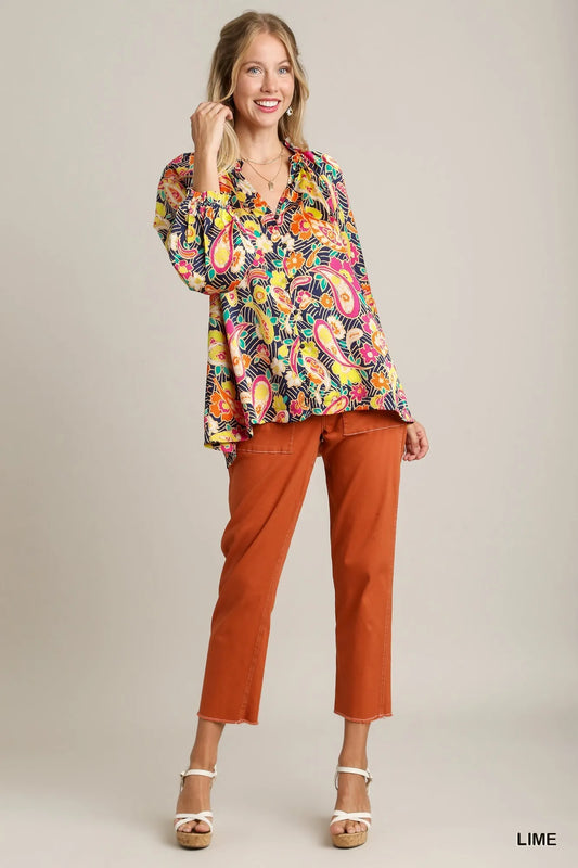 Full Size Satin Paisley Ruffle Neck Button-Up Shirt Plus Size detail — Livostyle
