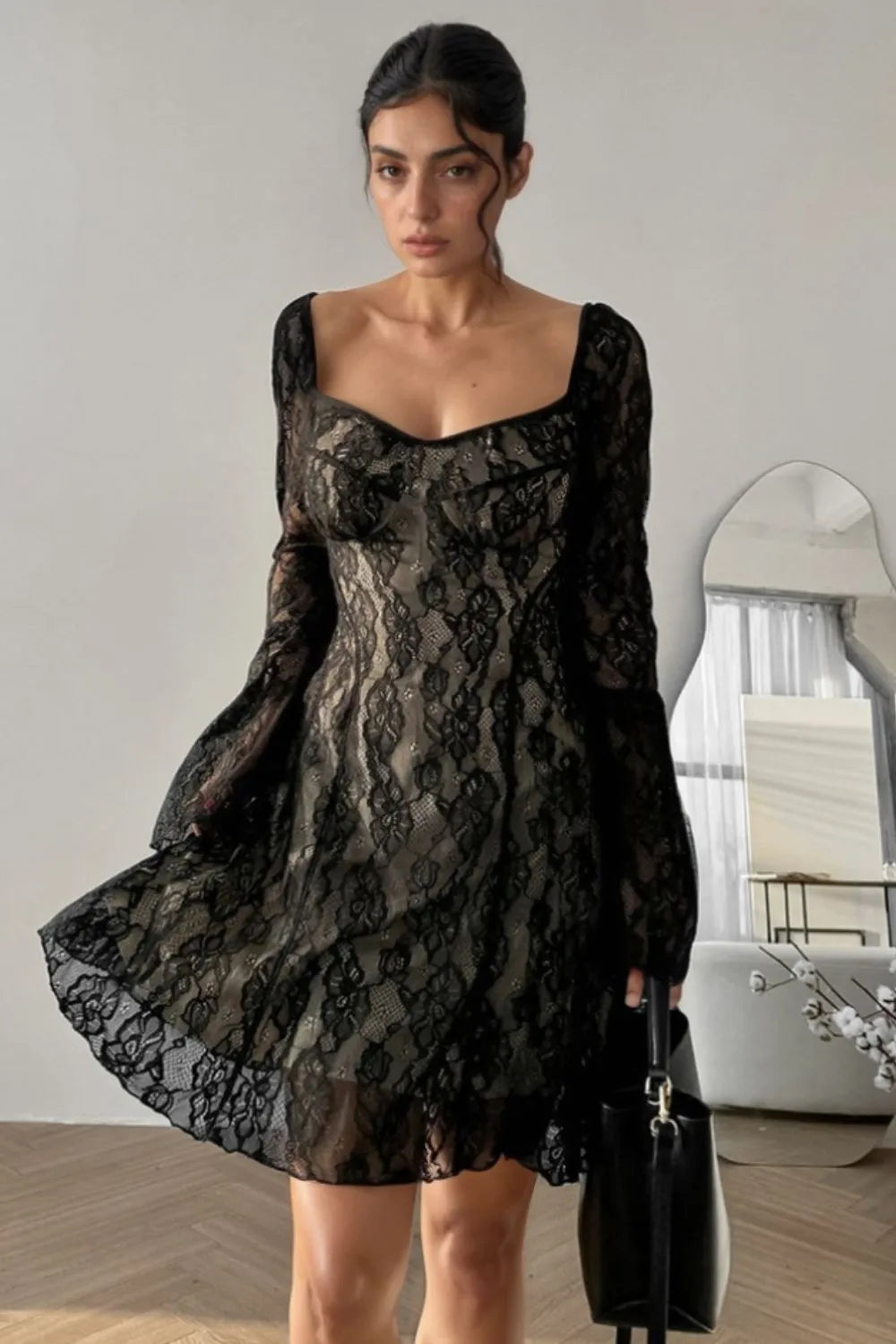 Lace Sweetheart Neck Flare Sleeve Mini Dress back view — Livostyle
