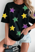 Sequin Stars Patched Round Neck T-Shirt — Livostyle