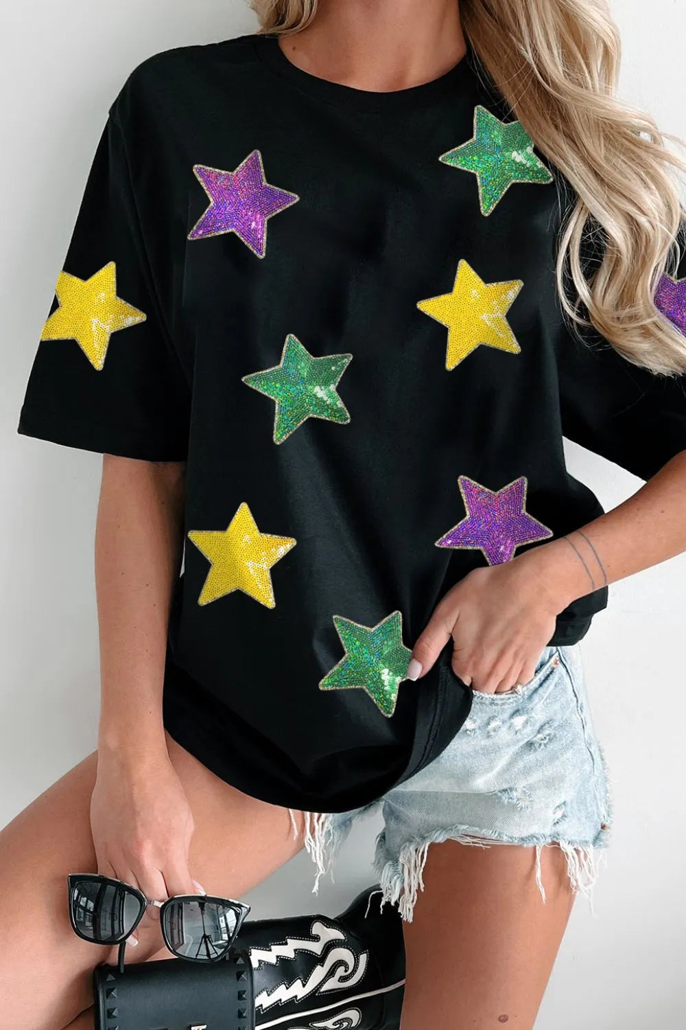 Sequin Stars Patched Round Neck T-Shirt — Livostyle