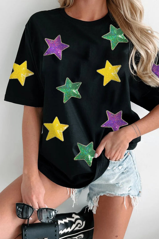 Sequin Stars Patched Round Neck Short Sleeve T-Shirt in Black