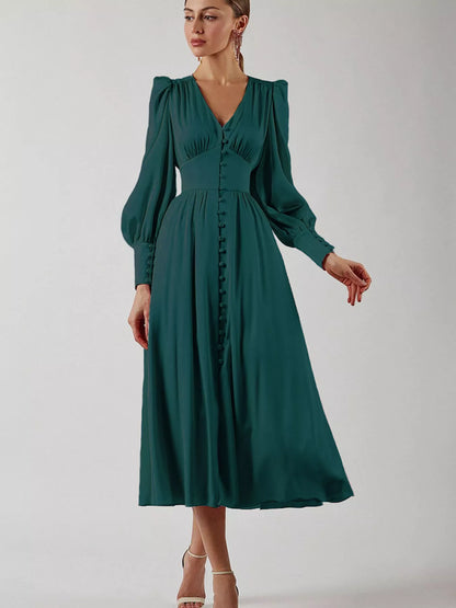 V-Neck Puff Sleeve Button-Down Midi Dress in Dark Green