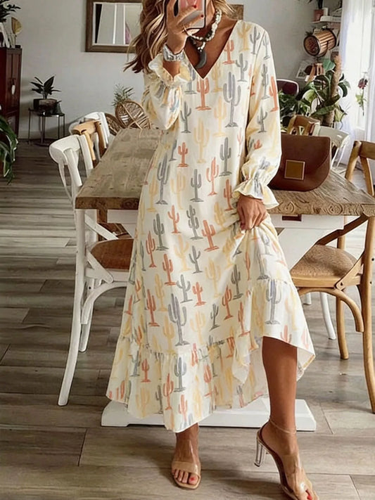Beige V-Neck Flounce Sleeve Dress