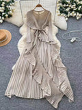 Ruffle Trim Pleated Midi Dress with Tie Detail in Apricot