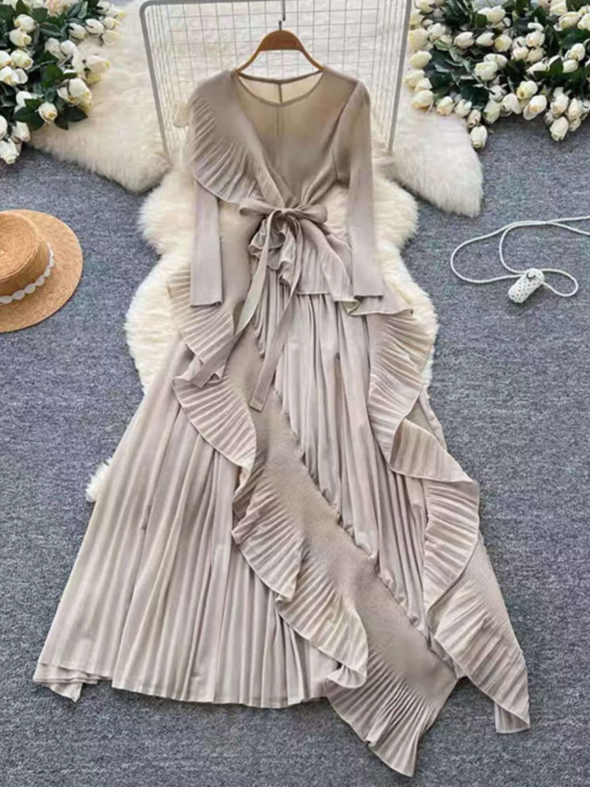 Ruffle Trim Pleated Midi Dress with Tie Detail in Apricot