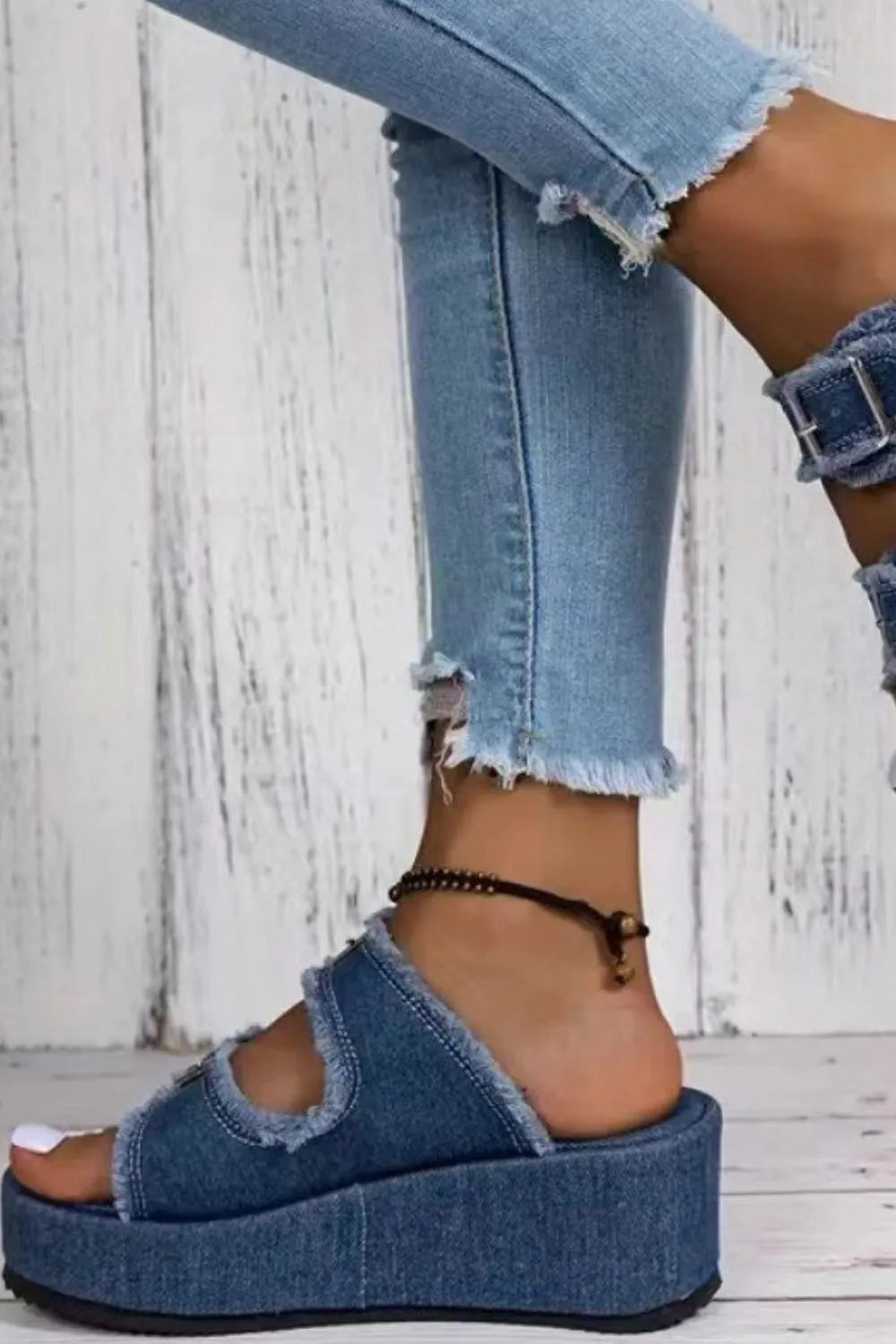 Raw Hem Wedge Buckle Sandals back view — Livostyle