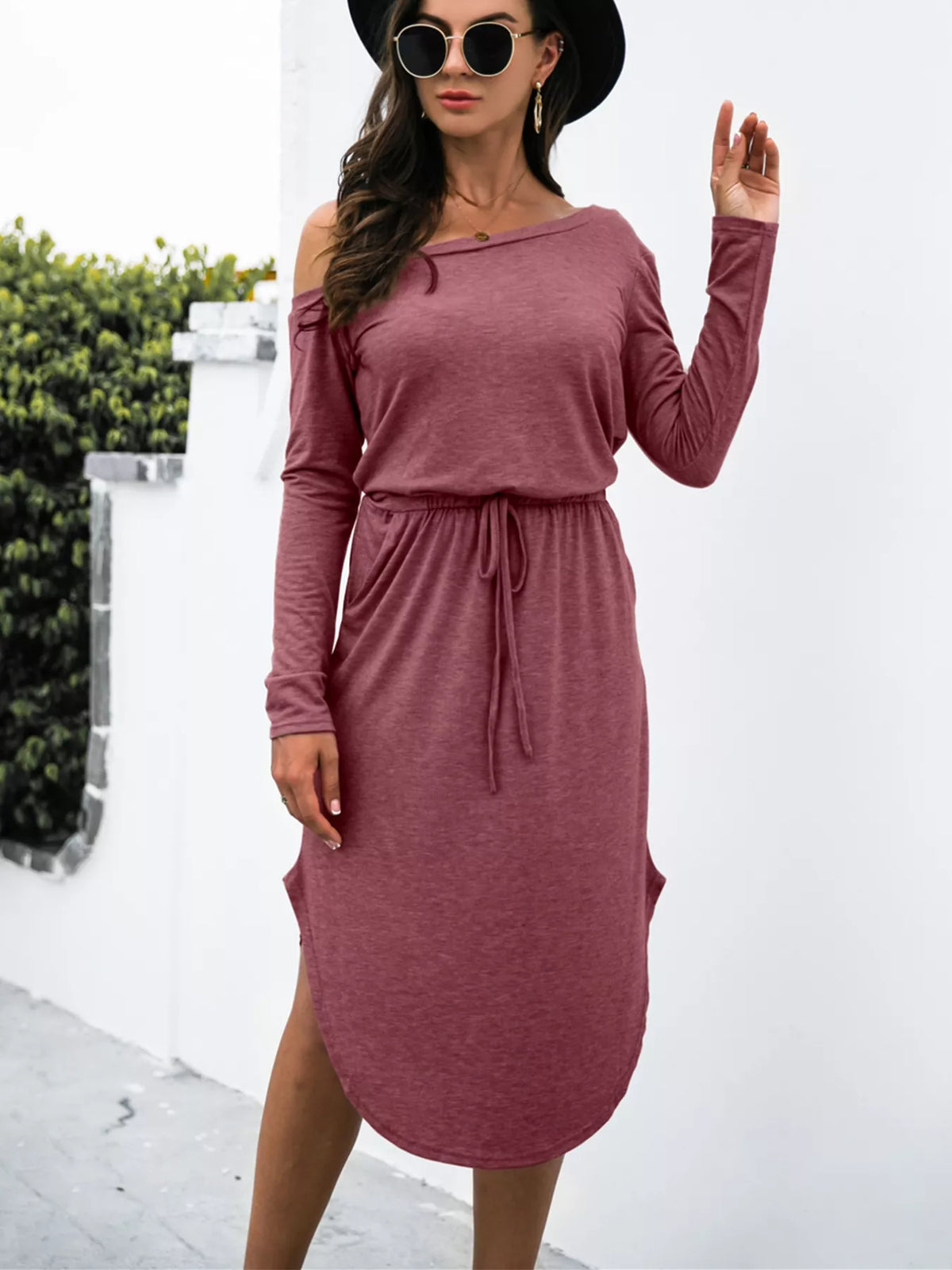 One-Shoulder Long Sleeve Midi Dress with Drawstring Waist – photo 14