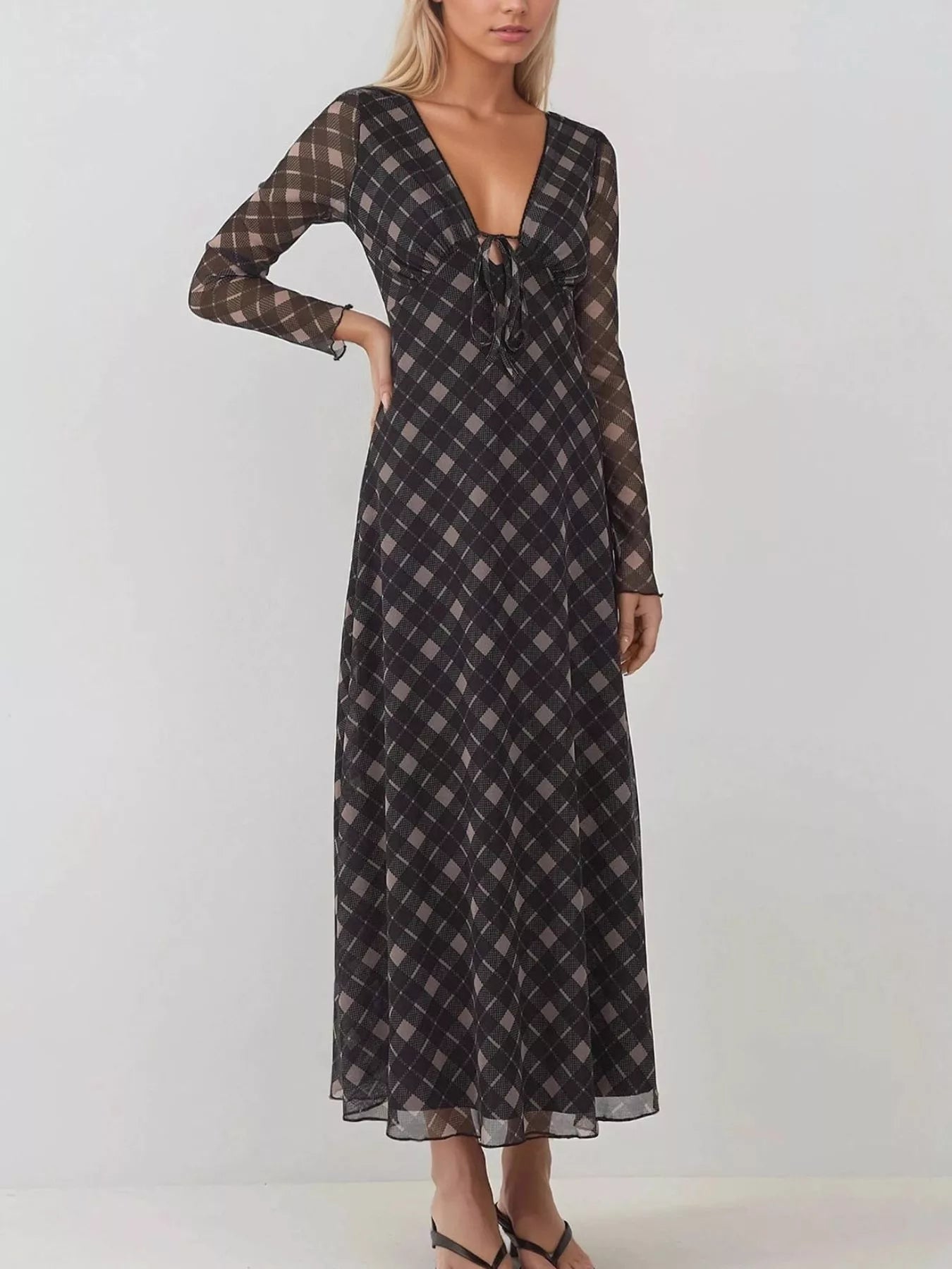 Tie Front Plaid Long Sleeve Dress — Livostyle