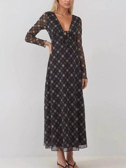 Tie Front Plaid Long Sleeve Dress — Livostyle