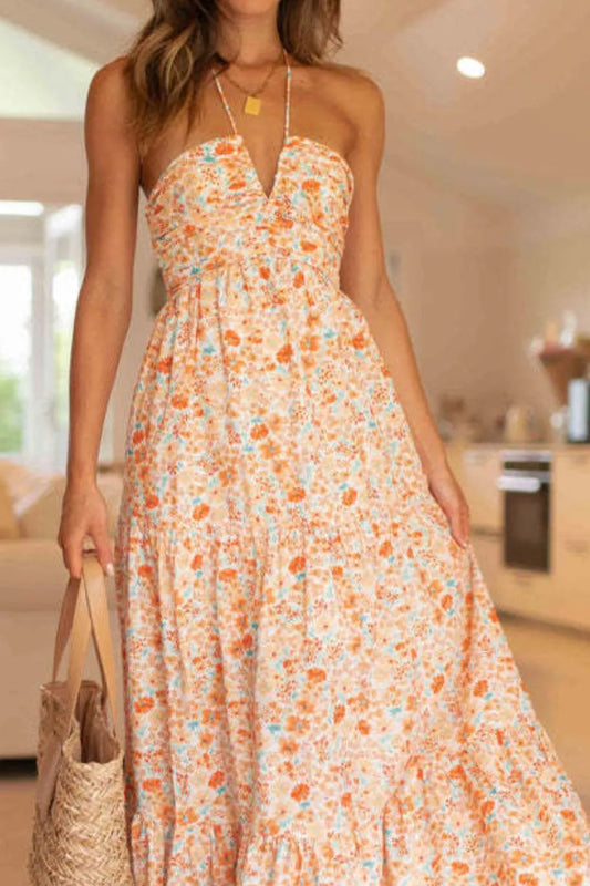 Floral Halter Neck Tiered Maxi Dress