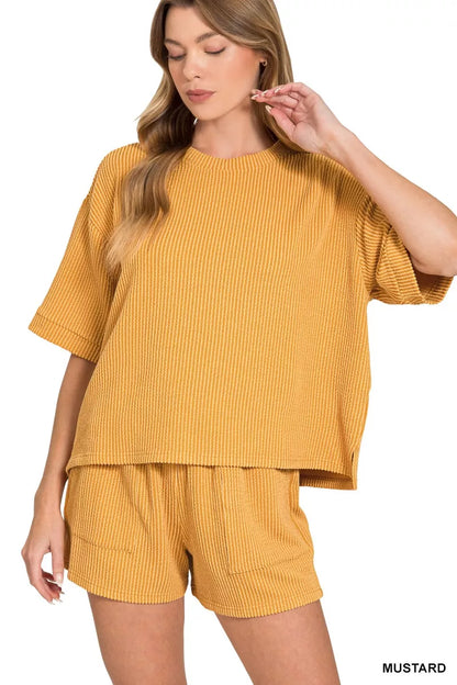 Raised Rib Short Sleeve Tee and Drawstring Shorts Set — Livostyle