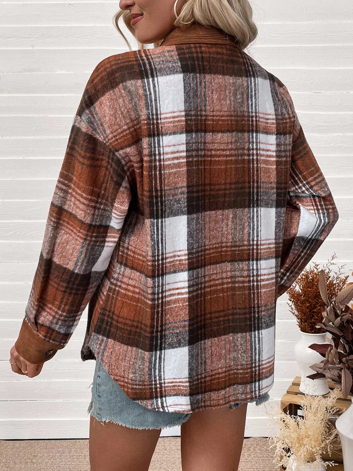 Plaid Button-Up Shacket with Chest Pockets back view — Livostyle