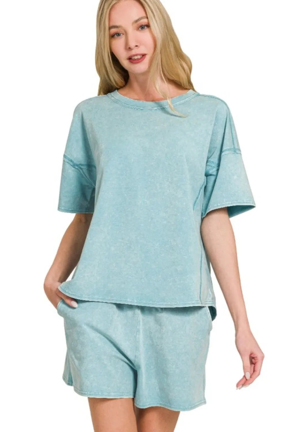 Acid Washed Short Sleeve Tee & Shorts Set in DUSTY TEAL
