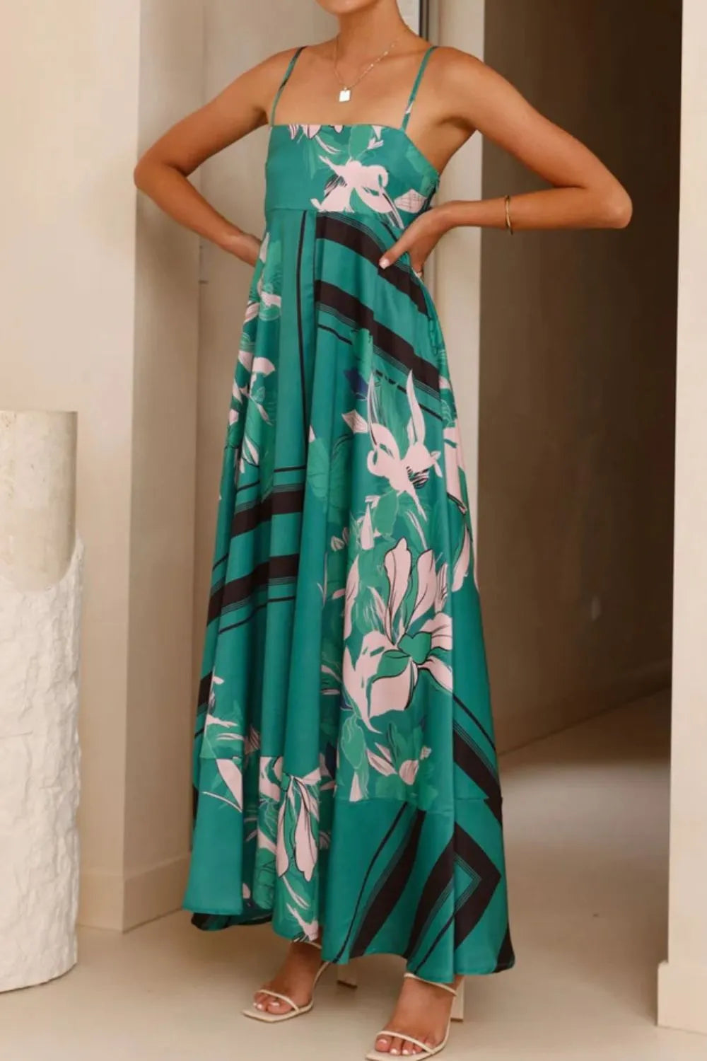 Printed Square Neck Cami Maxi Dress with Slit and Tie – photo 26