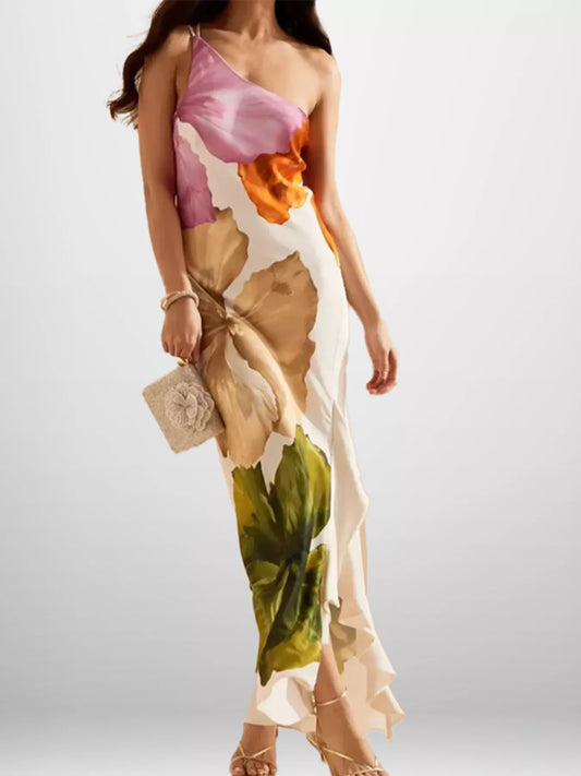 One-Shoulder Floral Print Satin Maxi Dress – Plus Size in Tan
