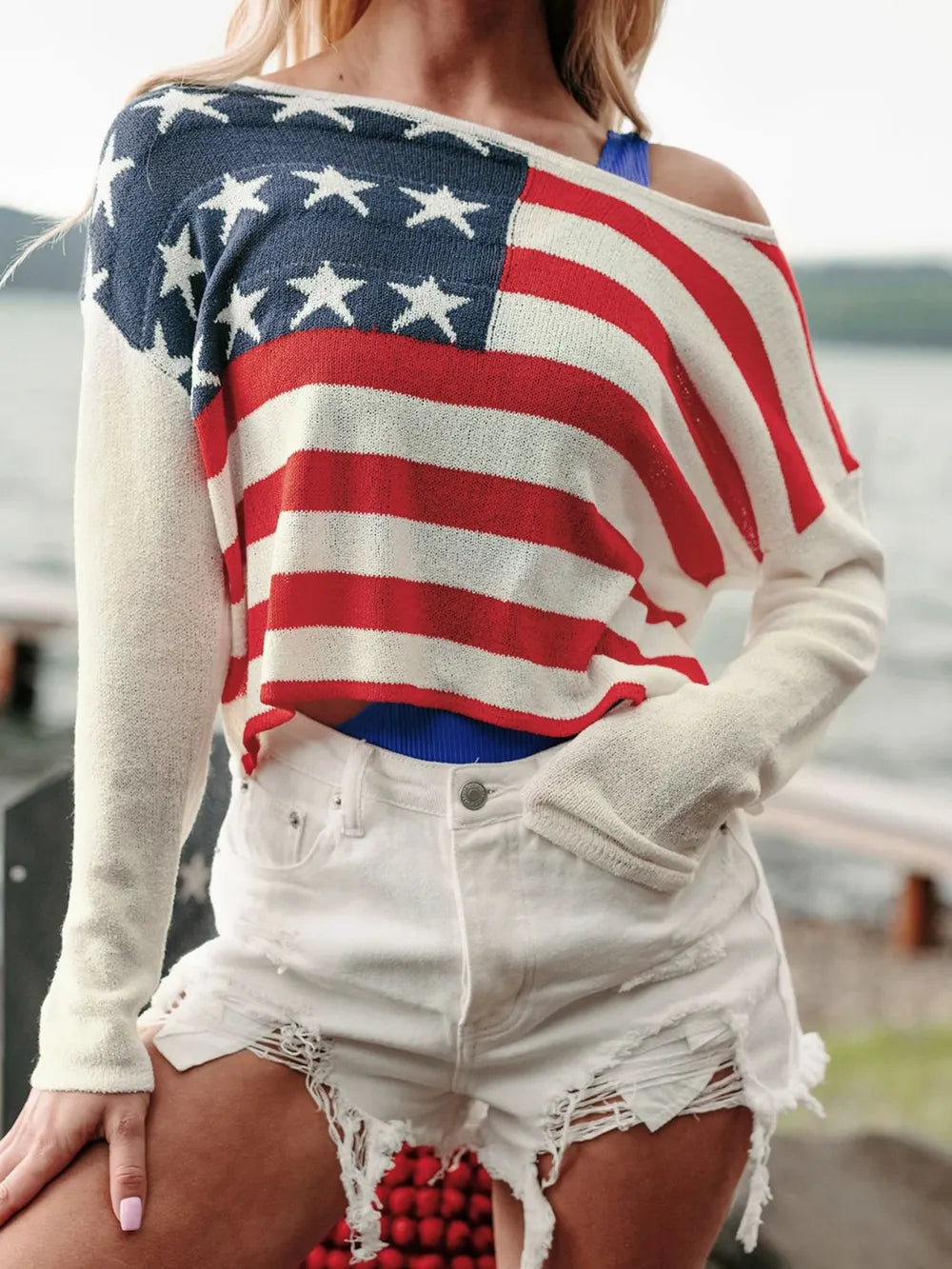 US Flag Boat Neck Long Sleeve Knit Top back view — Livostyle