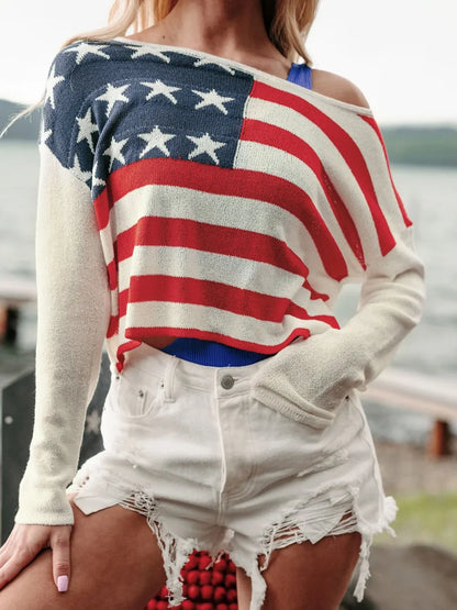 US Flag Boat Neck Long Sleeve Knit Top back view — Livostyle