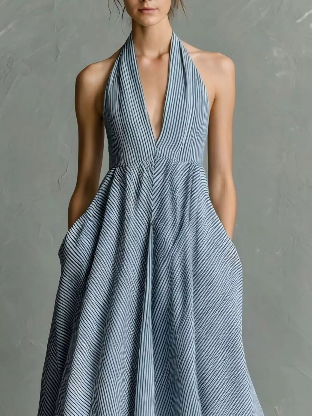 Striped Halter Neck Maxi Dress with Pockets – Plus Size in Light Blue