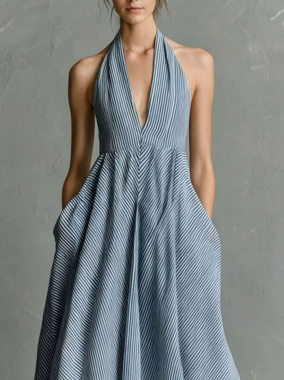 Striped Halter Neck Maxi Dress with Pockets – Plus Size in Light Blue