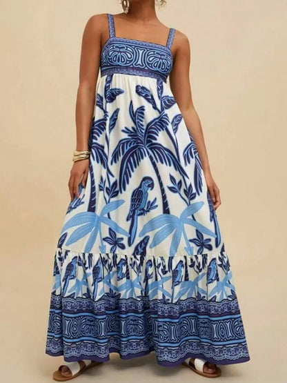Printed Square Neck Maxi Dress in Four Colors in Navy