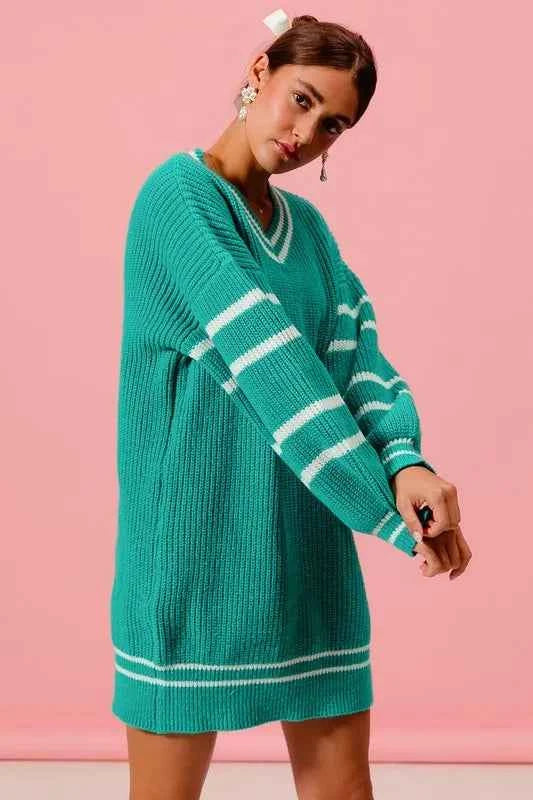 SO ME Loose V Neck Sweater Dress with Striped Sleeves