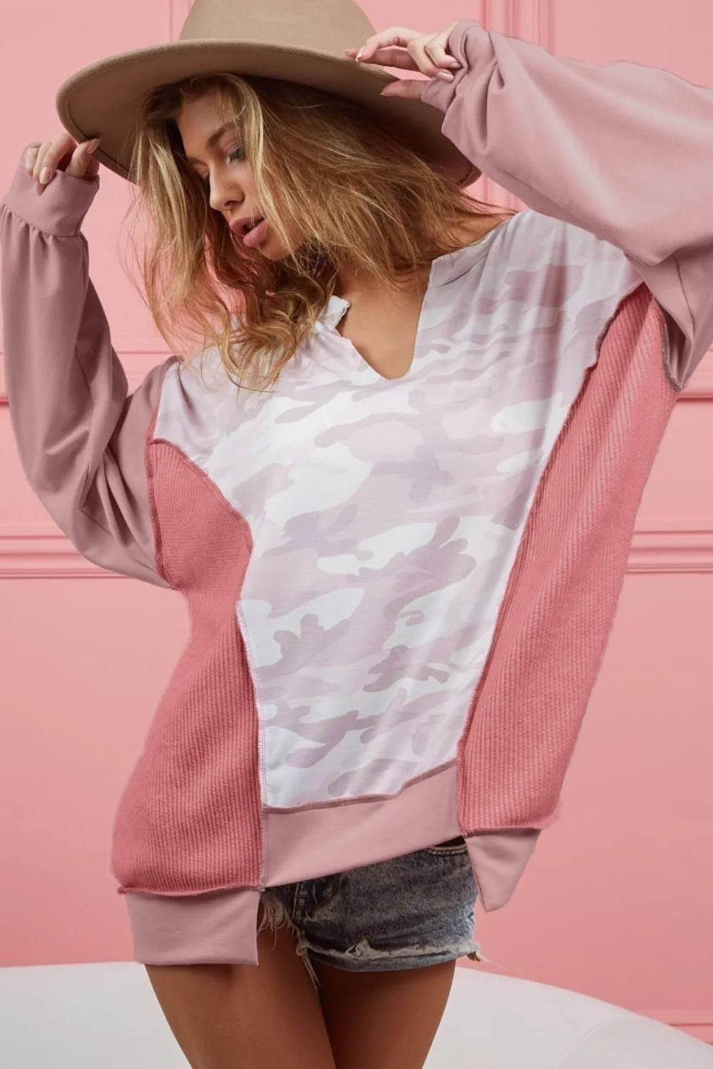 Stylish Camo Print Color Block Top in French Terry Knit — Livostyle