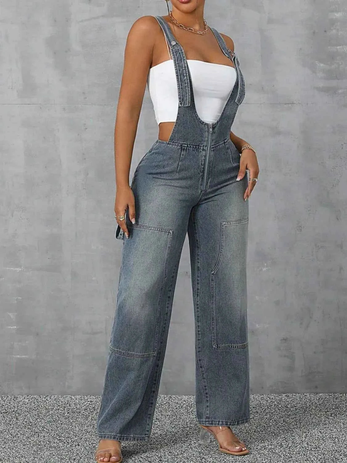 Zip Front Wide Strap Denim Overalls