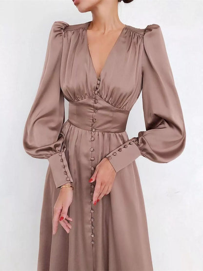V-Neck Puff Sleeve Button-Down Midi Dress in Pink Brown