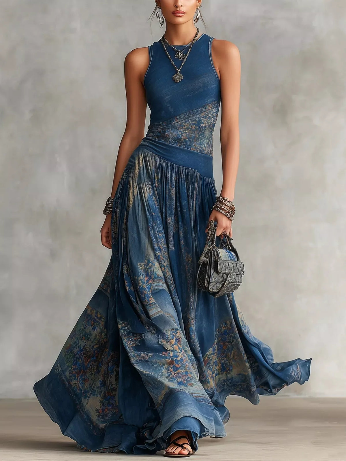 Printed Round Neck Sleeveless Asymmetrical Maxi Dress in Dusty Blue