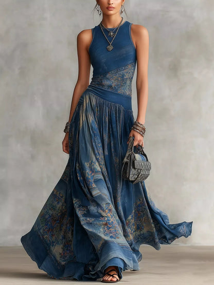Printed Round Neck Sleeveless Asymmetrical Maxi Dress in Dusty Blue