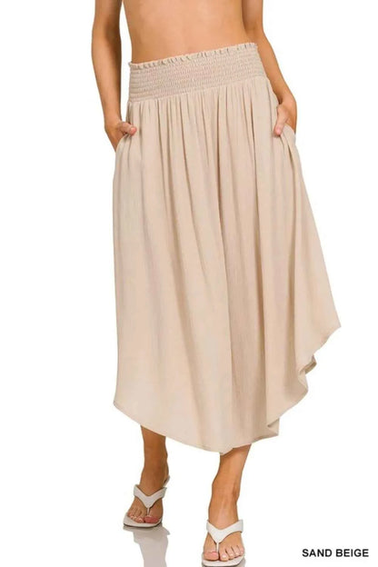 Woven Crinkle Smocked Waist Maxi Skirt W Pockets — Livostyle