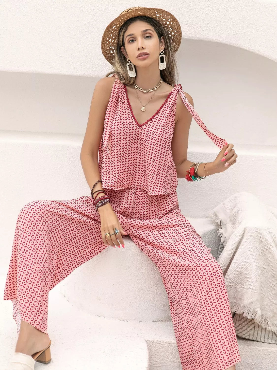 Gingham Tie Shoulder Top and Pants Set styling — Livostyle