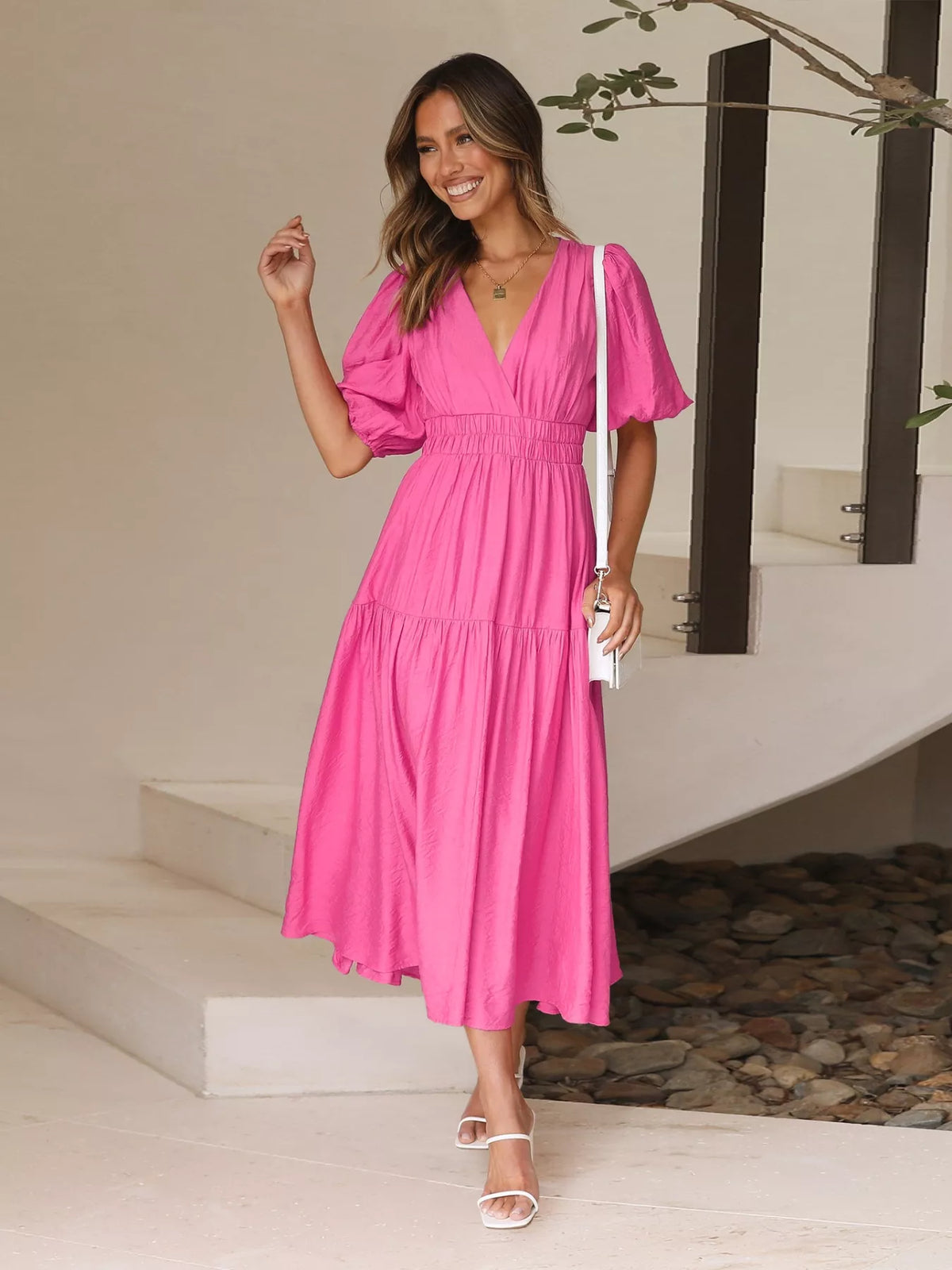 Tiered Puff Sleeve Midi Dress in Hot Pink