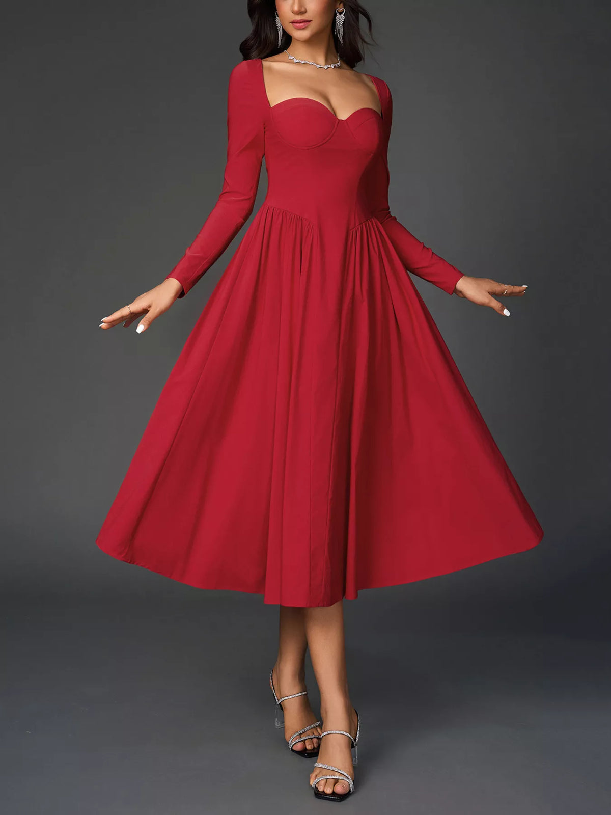 Sweetheart Neckline Long Sleeve A-Line Midi Dress in Red