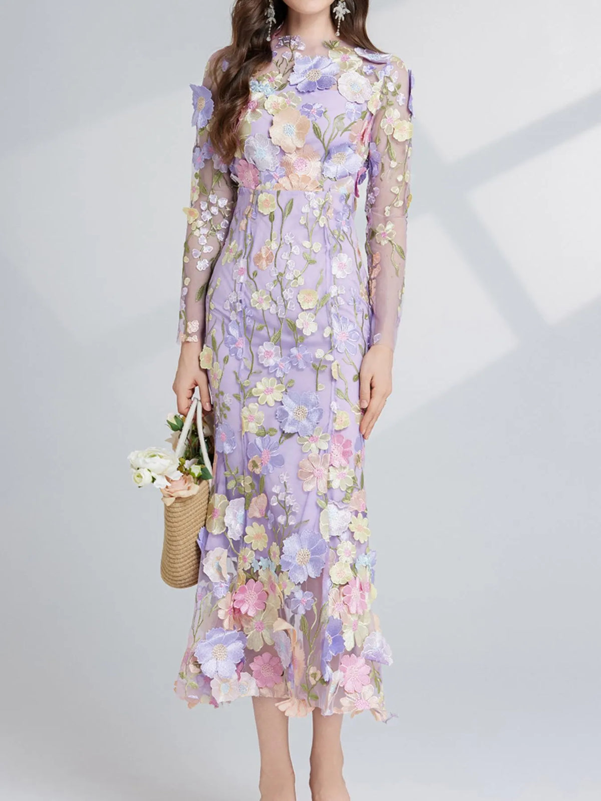 Floral Embroidered Mesh Long Sleeve Tiered Midi Dress – photo 9