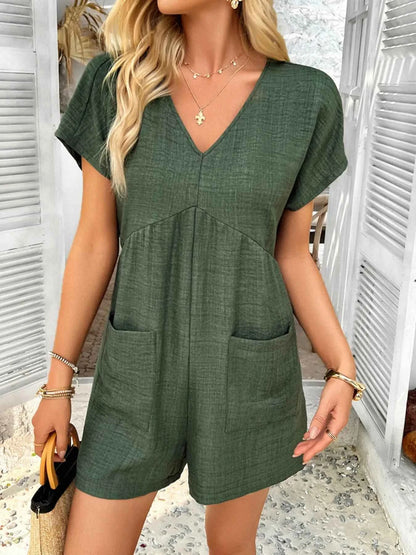V-Neck Casual Short Sleeve Romper with Pockets — Livostyle