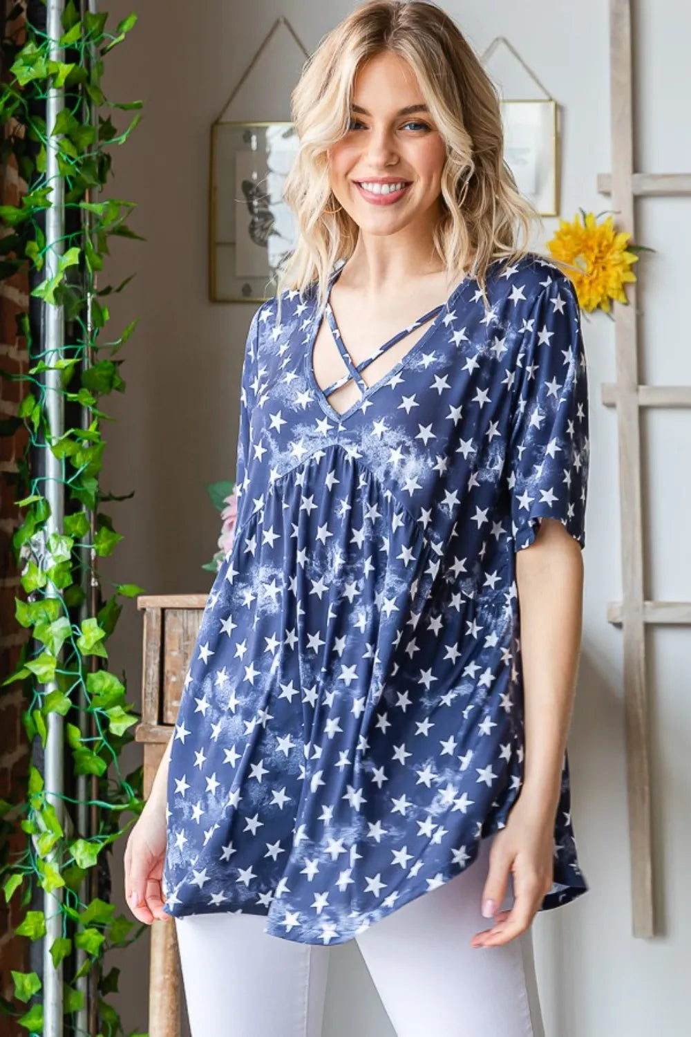 Full Size Short Sleeve Crisscross Star Babydoll Top styling — Livostyle