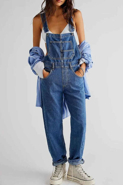 Wide Strap Square Neck Denim Overalls — Livostyle